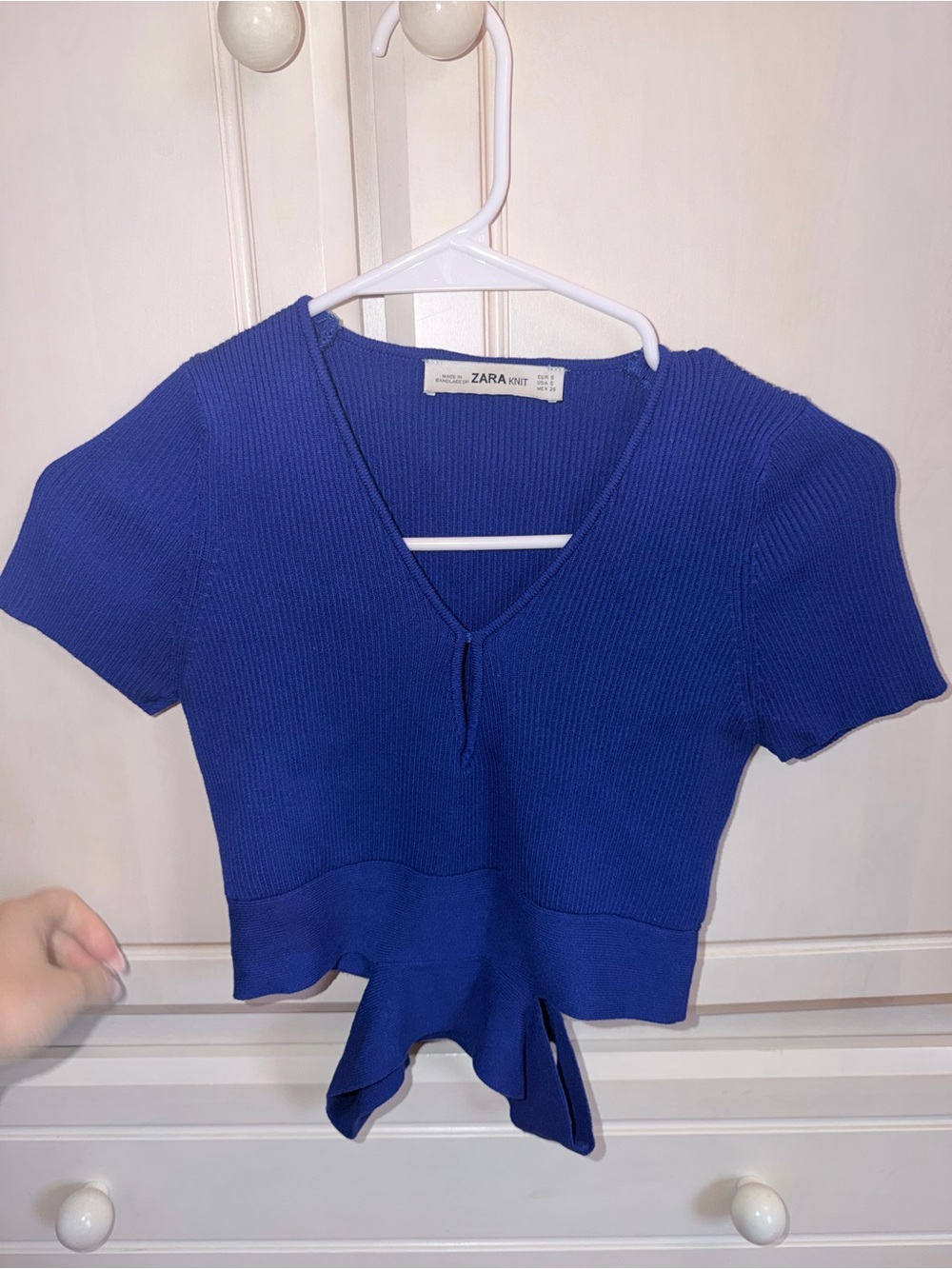 ZARA Royal Blue Ribbed V-Neck Tie-Hem Crop Top Small (Worn once)